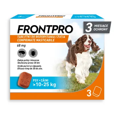 FRONTPRO® tabletki na pchły i kleszcze dla psów - L: 68 mg dla psów >10-25 kg (3 tabletki) FRONTPRO® tabletki na pchły i kleszcze dla psów - L: 68 mg dla psów >10-25 kg (3 tabletki)