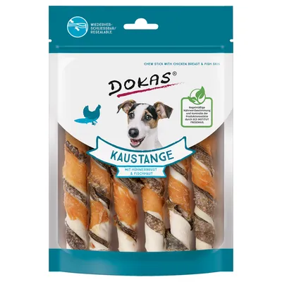 Упаковка палочек для жевания Dokas Kaustange с куриной грудкой и рыбьей кожей, изображение собаки на упаковке, видны пять палочек внутри. Упаковка палочек для жевания Dokas Kaustange с куриной грудкой и рыбьей кожей, изображение собаки на упаковке, видны пять палочек внутри.