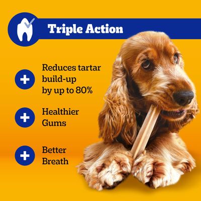 Triple Action: reduces tartar build-up by up to 80%, healthier gums, fresher breath. Dog chews on a stick.