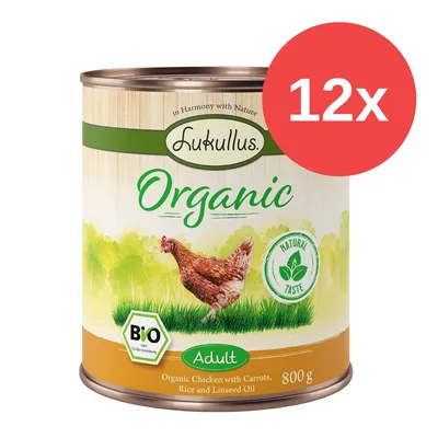 12x Lukullus Organic Adult, Bio-Huhn mit Karotten, Reis und Leinöl, 800g. Bio-zertifiziert nach EG-Öko-Verordnung, Natural Taste.