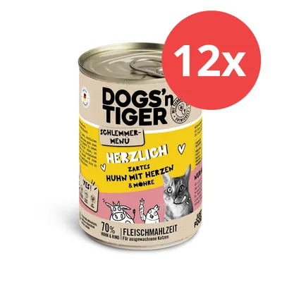 Dogs'n Tiger Schlemmer-Menü, delikatny kurczak z sercami i marchewką. 12 puszek, 70% kurczaka i wołowiny, posiłek mięsny dla dorosłych kotów. Dogs'n Tiger Schlemmer-Menü, delikatny kurczak z sercami i marchewką. 12 puszek, 70% kurczaka i wołowiny, posiłek mięsny dla dorosłych kotów.