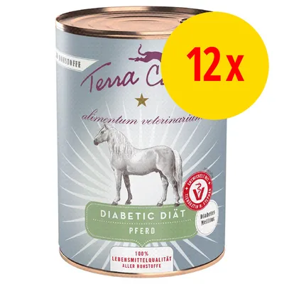 Terra Canis Diabetic Diät Pferd, alimentum veterinarium, lot de 12 boîtes. Texte en allemand : 100 % Lebensmittelqualität aller Rohstoffe, Diabetisches Mellitus.