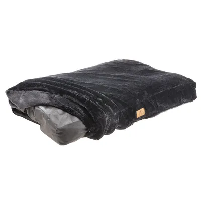 Black rectangular pet bed with soft plush cover and visible brand label on the side.