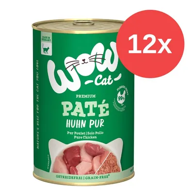 Wow Cat Premium Paté Huhn Pur, 12x. Widoczny napis: 99 % mięsa, bez zbóż, Made in Germany. Opakowanie z kawałkami mięsa kurczaka. Wow Cat Premium Paté Huhn Pur, 12x. Widoczny napis: 99 % mięsa, bez zbóż, Made in Germany. Opakowanie z kawałkami mięsa kurczaka.