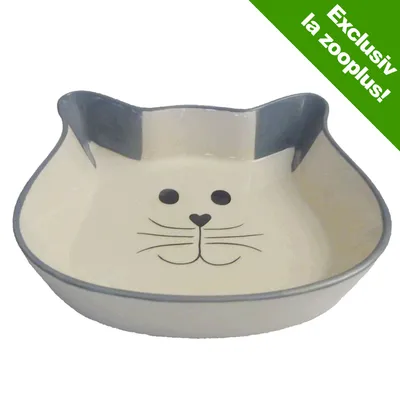 Castron ceramică în formă de cap de pisică, cu desen față de pisică și margini gri. Text vizibil: Exclusiv la zooplus!