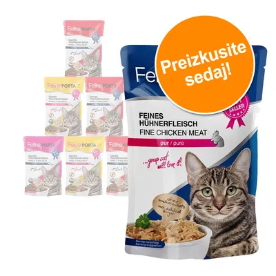 Feline Porta 21 mačja hrana, več vrečk z vidnim napisom 'FEINES HÜHNERFLEISCH FINE CHICKEN MEAT', 'pur/pure', 'ohne zuckerzusatz no added sugar' in oranžnim krogom 'Preizkusite sedaj!'.