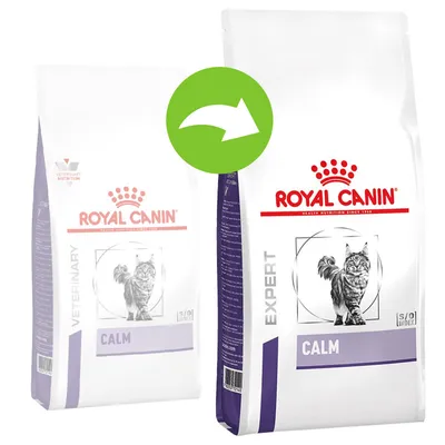 Image showing packaging change from Royal Canin Veterinary Calm to Royal Canin Expert Calm, with an arrow indicating the update.