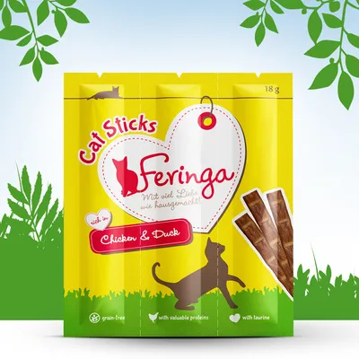 Confezione Feringa Cat Sticks, 18 g, visibile testo: 'Chicken & Duck', 'grain-free', 'with valuable proteins', 'with taurine', immagine di bastoncini per gatti.