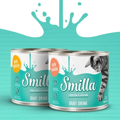 Smilla Daily Drink macska ital, 140 ml, kétféle: With Chicken és With Salmon. Feliratok: Increased fluid intake, With tasty pieces of meat/fish, Food for a lifetime.