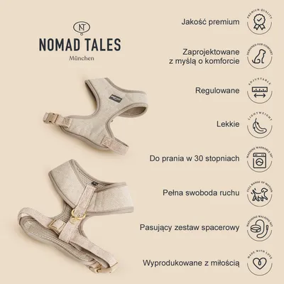 Szelki Nomad Tales München, beżowe, regulowane, lekkie, do prania w 30°C. Widoczne cechy: jakość premium, komfort, pełna swoboda ruchu, pasujący zestaw spacerowy, wyprodukowane z miłością.