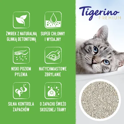 Tigerino Premium. Żwirek z naturalną glinką bentonitową, super chłonny i wydajny, niski poziom pylenia, natychmiastowe zbrylanie, silna kontrola zapachów, o zapachu świeżo skoszonej trawy.