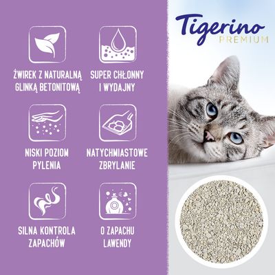 Tigerino Premium. Żwirek z naturalną glinką bentonitową, super chłonny i wydajny, niski poziom pylenia, natychmiastowe zbrylanie, silna kontrola zapachów, o zapachu lawendy.