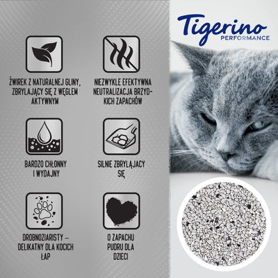 Tigerino Performance. Żwirek z naturalnej gliny z węglem aktywnym, bardzo chłonny, silnie zbrylający się, drobnoziarnisty, o zapachu pudru dla dzieci, neutralizuje brzydkie zapachy.