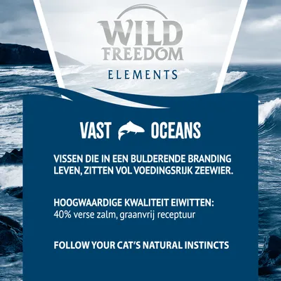 Wild Freedom Elements Vast Oceans. Vissen die in een bulderende branding leven, zitten vol voedingsrijk zeewier. 40% verse zalm, graanvrij receptuur. Follow your cat’s natural instincts.