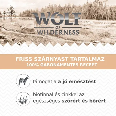 Wolf of Wilderness. Friss szárnyast tartalmaz, 100% gabonamentes recept. Támogatja a jó emésztést, biotinnal és cinkkel az egészséges szőrért és bőrért.