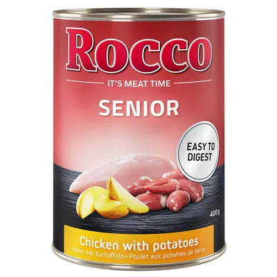 Rocco SENIOR natvoer, 400g blik. Tekst: IT'S MEAT TIME, EASY TO DIGEST, Chicken with potatoes, Huhn mit Kartoffeln, Poulet aux pommes de terre. Afbeelding van kip en aardappelen.