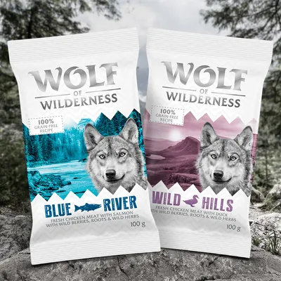 Wolf of Wilderness torrfoder, varianter Blue River med lax och Wild Hills med anka, 100 % spannmålsfritt recept, 100 g förpackningar.