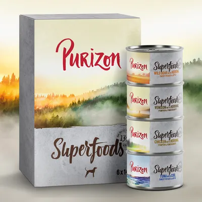 Purizon Superfoods mokré krmivo pro psy, 6x100g. Druhy: divočák s sleděm, jelen s sleděm, kuře s sleděm, tuňák s treskou.