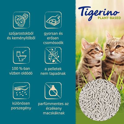 Tigerino Plant-Based macskaalom. Szójaroztokból és keményítőből, gyorsan csomósodik, 100%-ban vízben oldódó, nem tapad, porszegény, parfümmentes érzékeny macskáknak.
