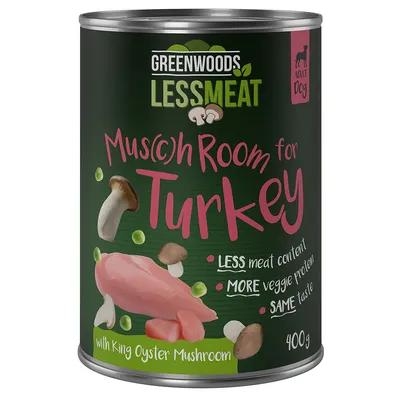Greenwoods Less Meat Muschroom til kalkun, mindre kødindhold, mere plantebaseret protein, samme smag, med kongeøstershat, 400g dåse til voksne hunde.