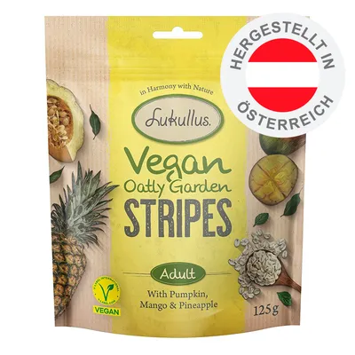 Lukullus Vegan Oatly Garden Stripes Adult, mit Kürbis, Mango und Ananas, 125g. Vegan-Siegel. Hergestellt in Österreich. Lukullus Vegan Oatly Garden Stripes Adult, mit Kürbis, Mango und Ananas, 125g. Vegan-Siegel. Hergestellt in Österreich.