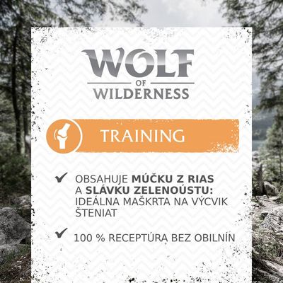 Wolf of Wilderness Training, obsahuje múčku z rias a slávku zelenoústú, ideálna maškrta na výcvik šteniat, 100 % receptúra bez obilnín