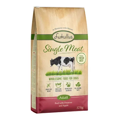 Lukullus Single Meat Adult, naudanlihaa perunoilla ja omenalla, 12 kg. Viljaton resepti, hedelmiä ja vihanneksia, viimeistelty lohiöljyllä, luonnollinen maku.