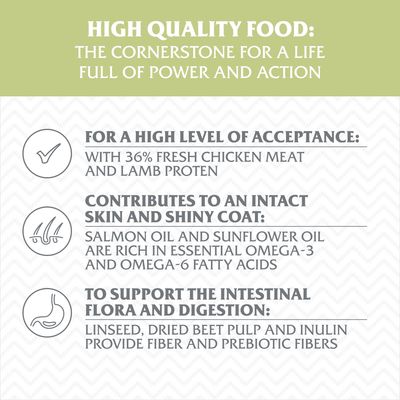Text v angličtine: High quality food, for a high level of acceptance with 36% fresh chicken meat and lamb protein, contributes to an intact skin and shiny coat, to support the intestinal flora and digestion.
