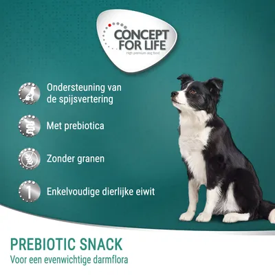 Concept for Life. Ondersteuning van de spijsvertering, met prebiotica, zonder granen, enkelvoudige dierlijke eiwit. Prebiotic Snack voor een evenwichtige darmflora.