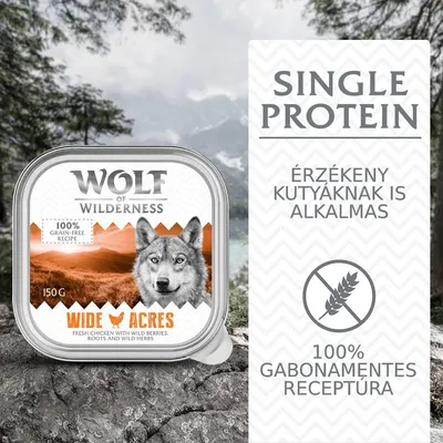 Wolf of Wilderness Wide Acres 150 g kutyaeledel, 100% gabonamentes receptúra, single protein, érzékeny kutyáknak is alkalmas felirattal