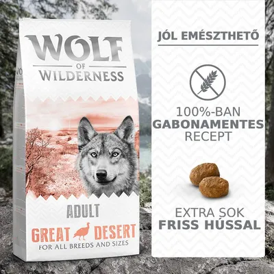 Wolf of Wilderness Great Desert Adult kutyatáp csomagolás, feliratok: jól emészthető, 100%-ban gabonamentes recept, extra sok friss hússal, táp szemek képe. Wolf of Wilderness Great Desert Adult kutyatáp csomagolás, feliratok: jól emészthető, 100%-ban gabonamentes recept, extra sok friss hússal, táp szemek képe.