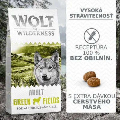 Wolf of Wilderness Adult Green Fields krmivo, vysoká stráviteľnosť, receptúra 100 % bez obilnín, s extra dávkou čerstvého mäsa. Pre všetky plemená a veľkosti psov.