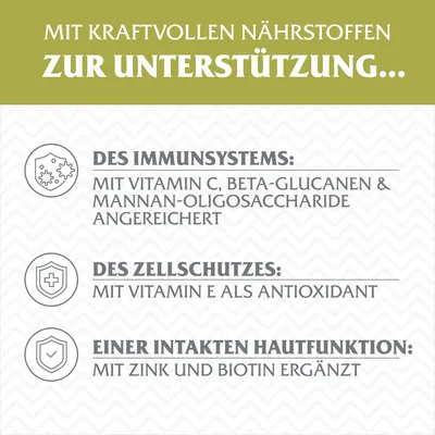 Mit kraftvollen Nährstoffen zur Unterstützung: Immunsystem mit Vitamin C, Beta-Glucanen, Zellschutz mit Vitamin E, Hautfunktion mit Zink und Biotin.