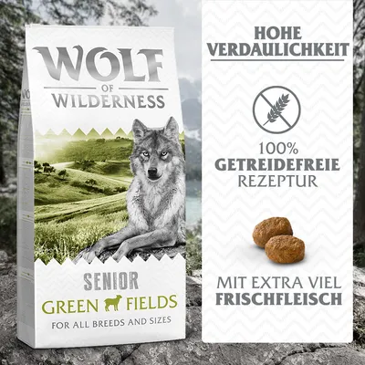 Wolf of Wilderness Senior Green Fields. Hohe Verdaulichkeit, 100% getreidefreie Rezeptur, mit extra viel Frischfleisch. Für alle Rassen und Größen. Wolf of Wilderness Senior Green Fields. Hohe Verdaulichkeit, 100% getreidefreie Rezeptur, mit extra viel Frischfleisch. Für alle Rassen und Größen.