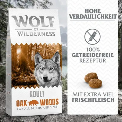 Wolf of Wilderness Adult Oak Woods. Hohe Verdaulichkeit, 100% getreidefreie Rezeptur, mit extra viel Frischfleisch. Für alle Rassen und Größen.