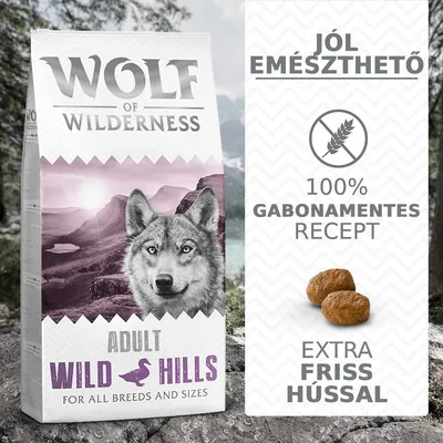 Wolf of Wilderness Adult Wild Hills kutyatáp csomagolás, feliratok: Jól emészthető, 100% gabonamentes recept, extra friss hússal, két táp szemmel.