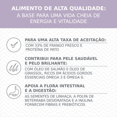 Alimento de alta qualidade: 33% frango fresco e proteína de pato, óleo de salmão e girassol com ómega 3 e 6, sementes de linhaça, beterraba desidratada e inulina para fibras e prebióticos.