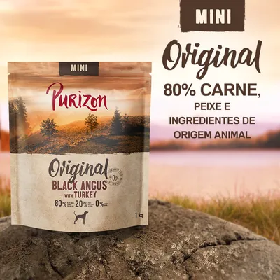 Purizon Mini Original Black Angus with Turkey, 80 % carne, peixe e ingredientes de origem animal. Embalagem de 1 kg visível.