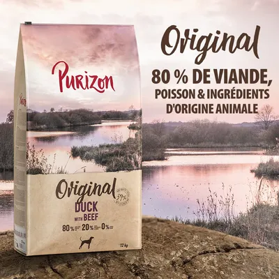 Purizon Original Duck with Beef, 12 kg. 80 % de viande, poisson et ingrédients d'origine animale. 20 % fruits et légumes, 0 % céréales. Texte en anglais sur l'emballage.