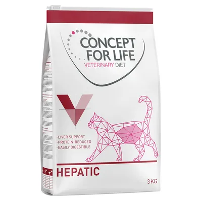 Concept for Life Veterinary Diet Hepatic, 3kg. Támogatja a májműködést, csökkentett fehérjetartalommal és könnyen emészthető. A csomagoláson geometrikus macskafigura látható.