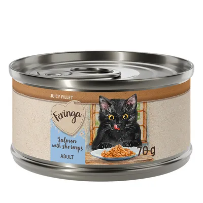Feringa Juicy Fillet, salmone con gamberetti, adulto, 70g. Illustrazione di un gatto nero davanti a un piatto di cibo.