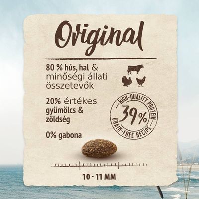 Original. 80% hús, hal & minőségi állati összetevők, 20% értékes gyümölcs & zöldség, 0% gabona. High-quality protein 39%. Szemcseméret: 10–11 mm.