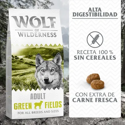Pienso Wolf of Wilderness Adult Green Fields para todas las razas y tamaños. Alta digestibilidad, receta 100 % sin cereales, con extra de carne fresca.