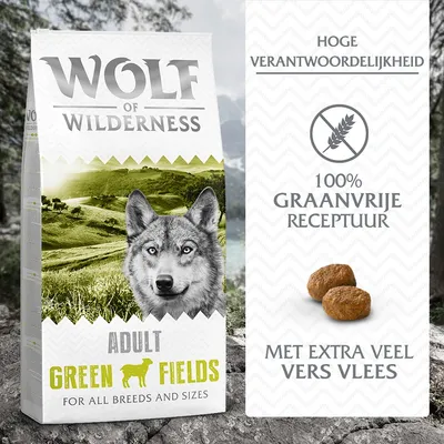 Wolf of Wilderness Adult Green Fields hondenvoer, 100% graanvrije receptuur, hoge verantwoordelijkheid, met extra veel vers vlees. Voor alle rassen en maten.
