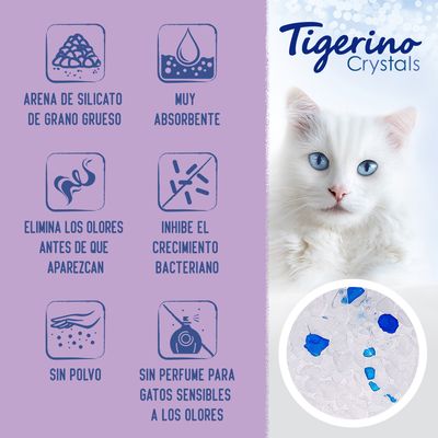 Tigerino Crystals. Arena de silicato de grano grueso, muy absorbente, elimina olores antes de que aparezcan, inhibe crecimiento bacteriano, sin polvo, sin perfume para gatos sensibles.