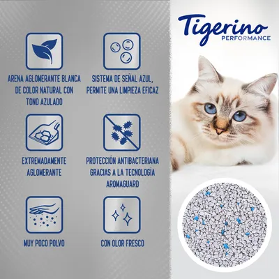 Tigerino Performance. Arena aglomerante blanca con tono azulado, sistema de señal azul, extremadamente aglomerante, protección antibacteriana, muy poco polvo, con olor fresco.