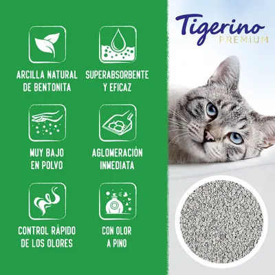 Tigerino Premium. Arcilla natural de bentonita, superabsorbente y eficaz, muy bajo en polvo, aglomeración inmediata, control rápido de los olores, con olor a pino. Imagen de un gato y la arena.