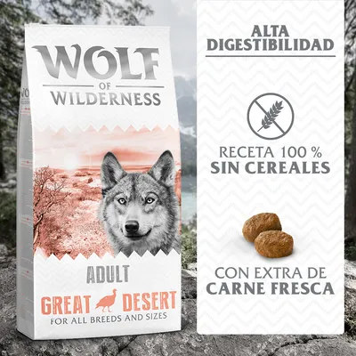 Wolf of Wilderness Great Desert Adult para todas las razas. Alta digestibilidad, receta 100 % sin cereales, con extra de carne fresca. Imagen de croquetas. Wolf of Wilderness Great Desert Adult para todas las razas. Alta digestibilidad, receta 100 % sin cereales, con extra de carne fresca. Imagen de croquetas.