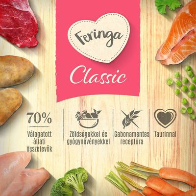 Feringa Classic, 70% válogatott állati összetevők, zöldségekkel és gyógynövényekkel, gabonamentes receptúra, taurinnal. Hús, hal, zöldség képekkel.