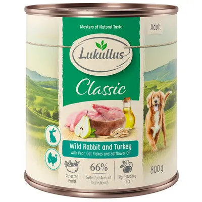 Lukullus Classic Adult hondenvoer, Wild Rabbit and Turkey met peer, havervlokken en saffloerolie, 66% geselecteerde dierlijke ingrediënten, 800g blik